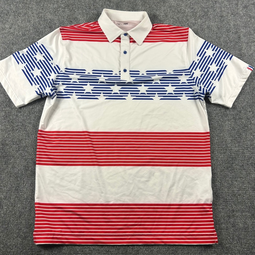 USAG Polo Shirt Mens L White Red Blue Stars Stripes Golf Performance Americana